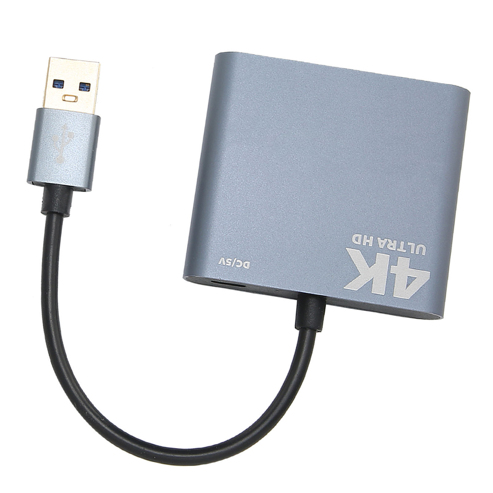 Ein silberner 4K Ultra HD Adapter mit einem schwarzen Kabel und USB-Anschluss.