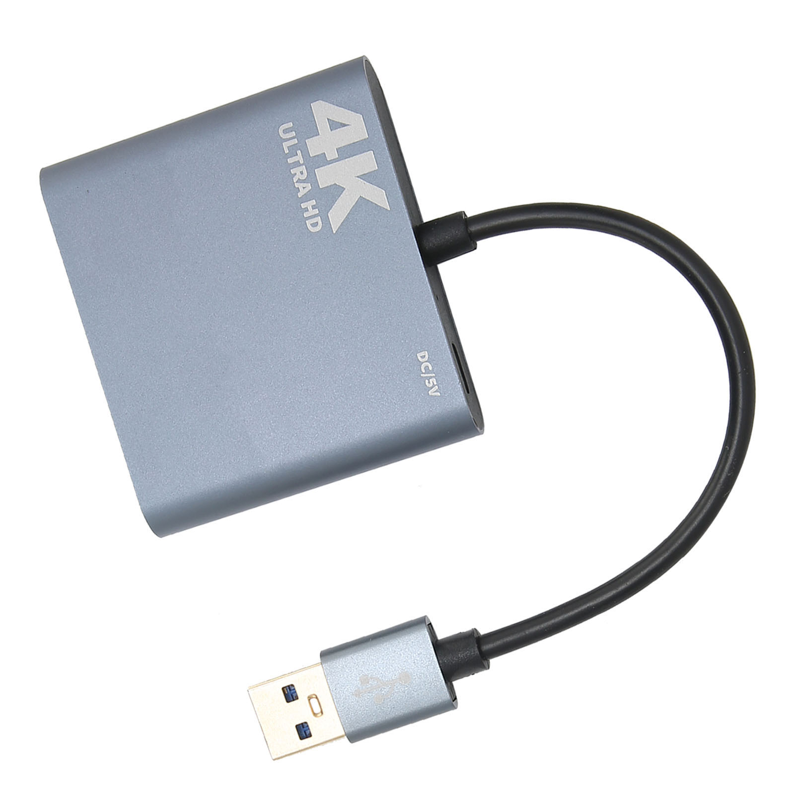 Ein silberner 4K Ultra HD Adapter mit einem schwarzen Kabel und USB-Anschluss.