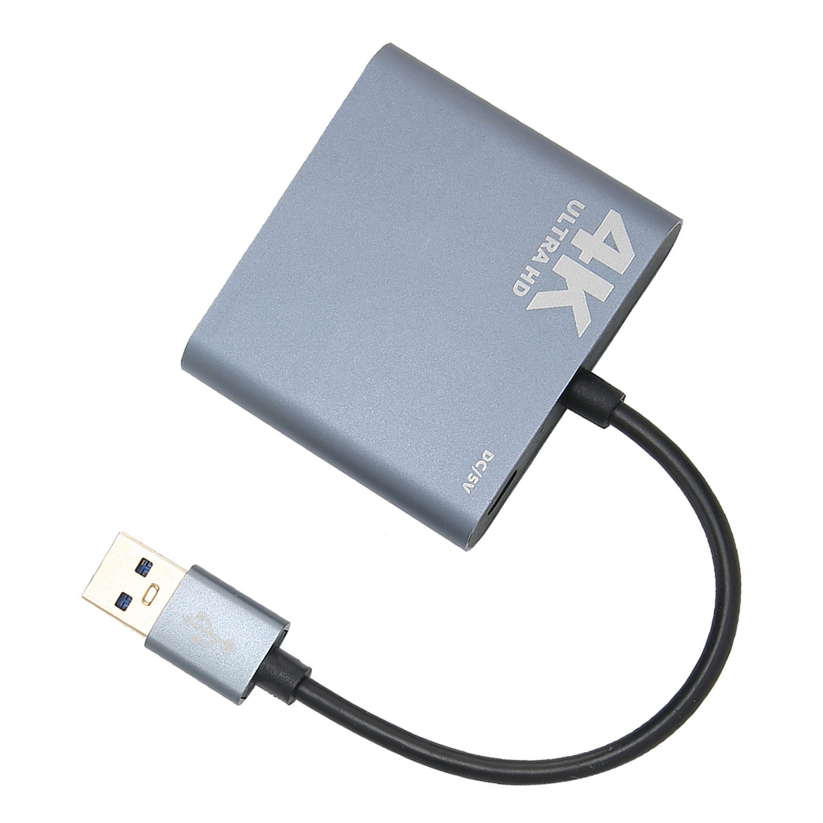 Ein silberner 4K Ultra HD Adapter mit einem schwarzen Kabel und USB-Anschluss.