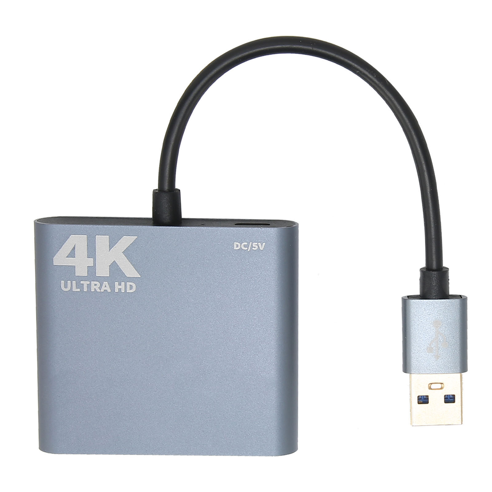 Grauer 4K Ultra HD-Adapter mit USB-Anschluss und schwarzem Kabel.