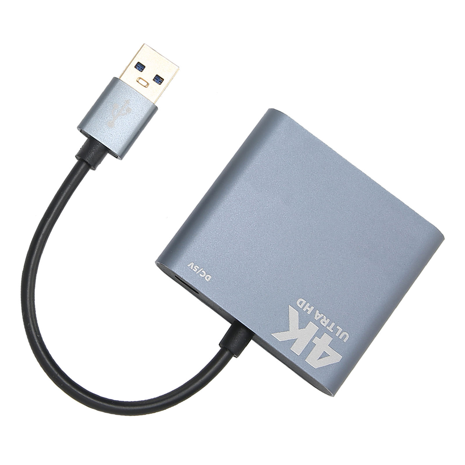 Ein silberner 4K Ultra HD Adapter mit einem schwarzen Kabel und USB-Anschluss.