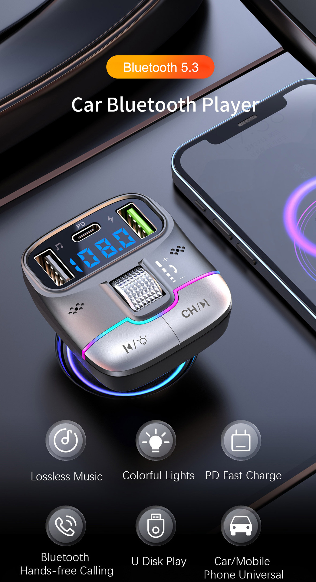 Auto-Bluetooth-Player mit Display, Knöpfen und Lichtern. Telefon und Symbole werden angezeigt.