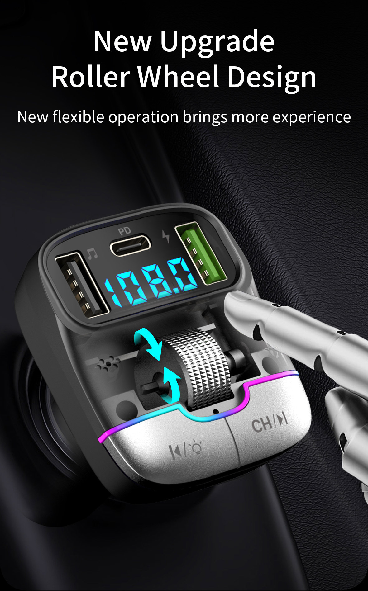 Autoladegerät mit Rollrad, Display mit Zahlen und USB-Anschlüssen. Ein Finger berührt die Rolle.