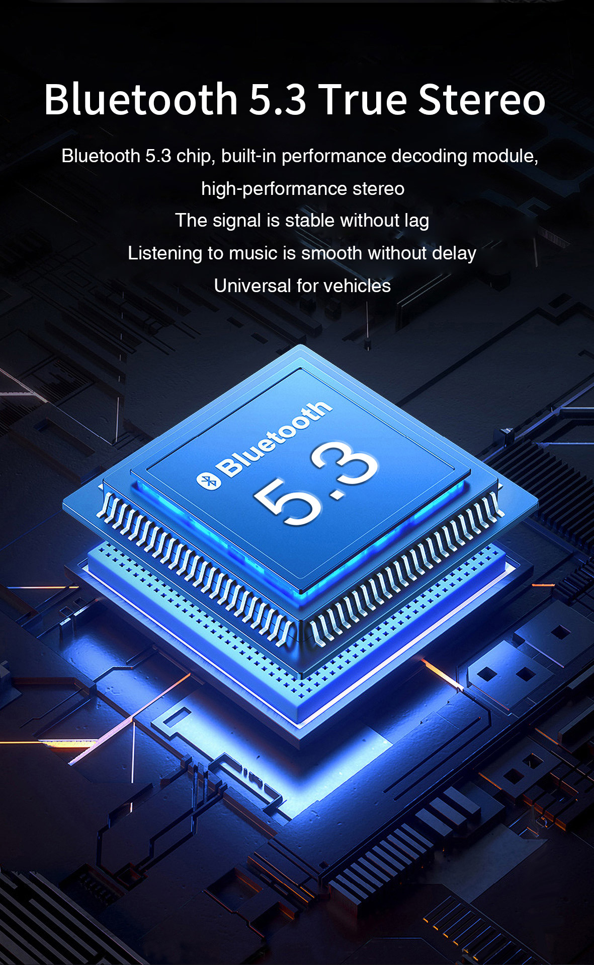 Blaue Platine mit einem Bluetooth 5.3-Chip. Grafiken weisen auf High-Performance-Stereo und stabiles Signal hin.