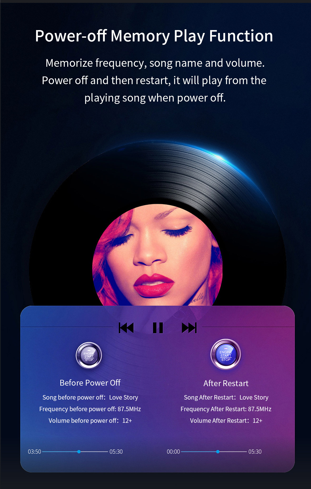 Eine Schallplatte mit einem Rihanna-Bild und ein Display, das Songinformationen vor und nach dem Ausschalten anzeigt.