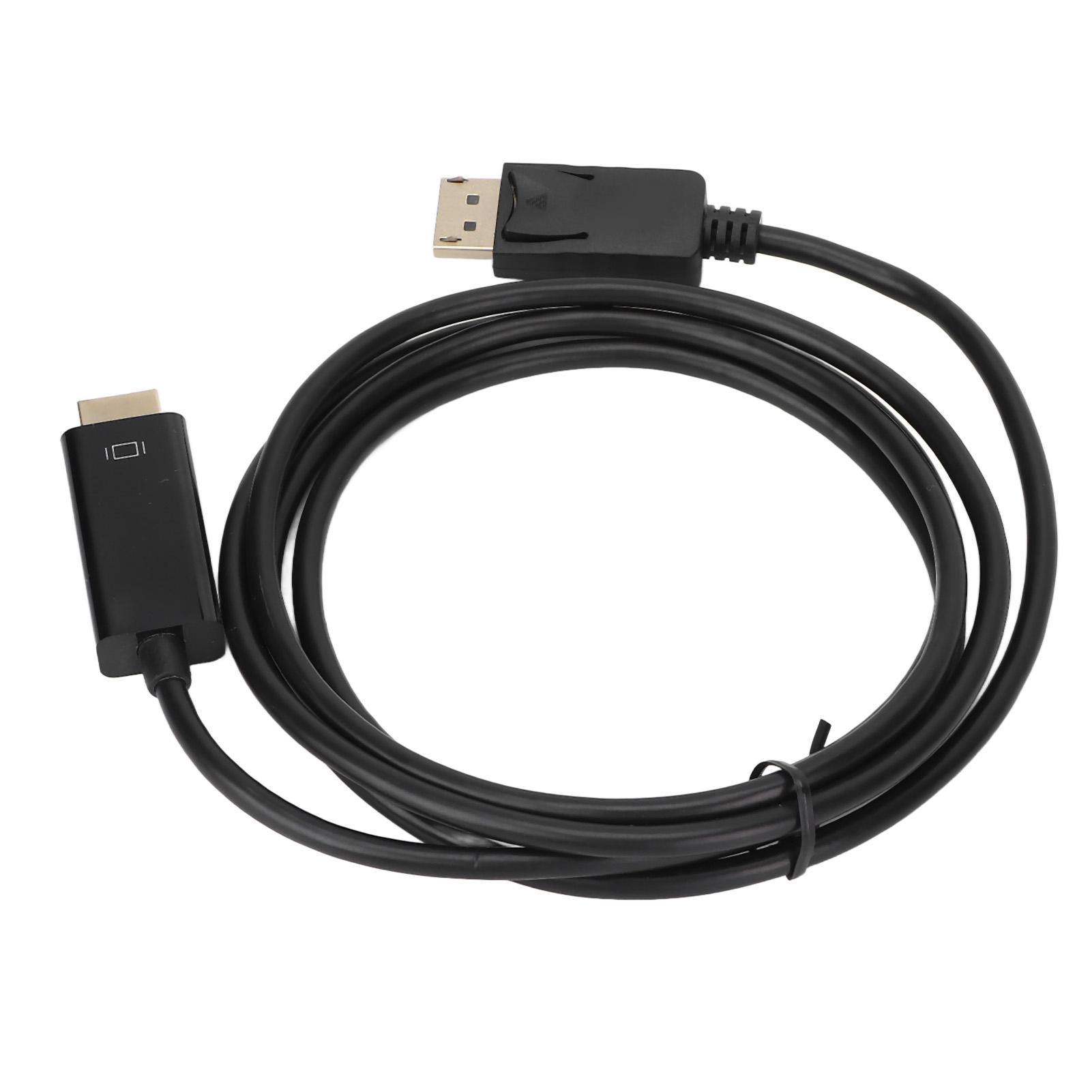 Schwarzes DP-zu-HDMI-Kabel mit Anschlüssen an beiden Enden, weißer Hintergrund.