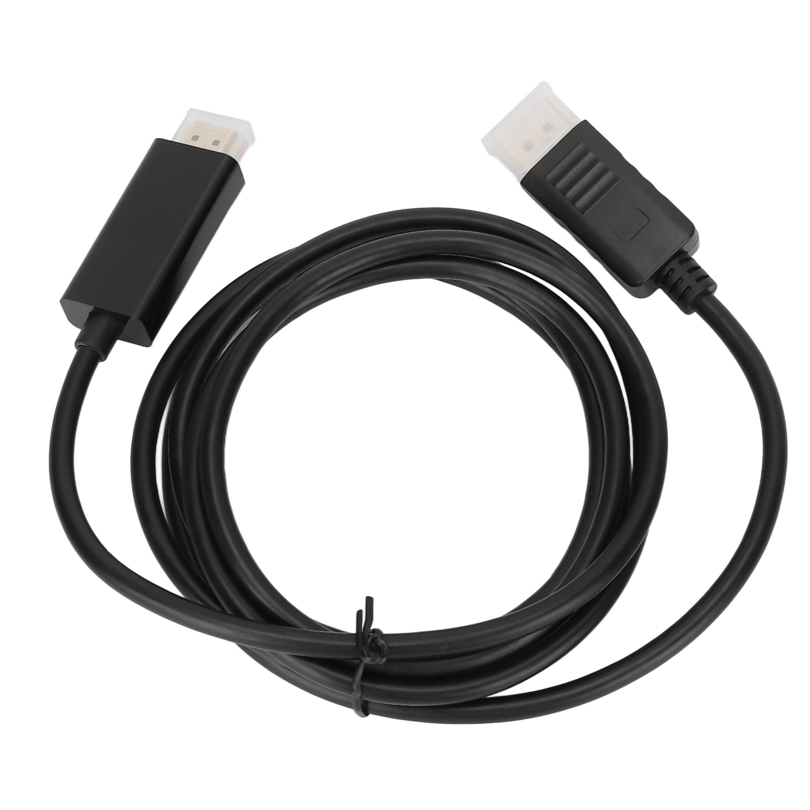 Ein schwarzes DisplayPort-Kabel mit Steckern an jedem Ende. Das Kabel ist aufgerollt.