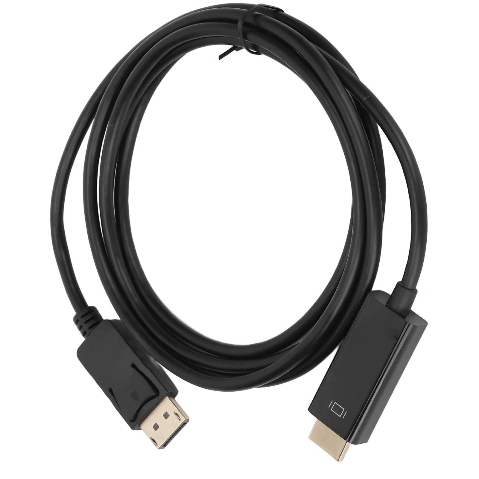Schwarzes DP-zu-HDMI-Kabel mit Anschlüssen an beiden Enden, weißer Hintergrund.