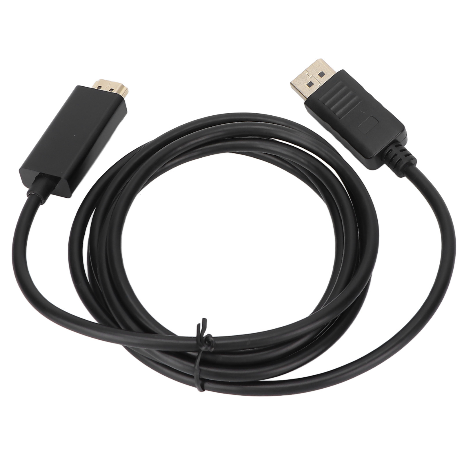 Schwarzes DisplayPort-Kabel mit Steckern. Kabel ist auf einer weißen Oberfläche aufgerollt.