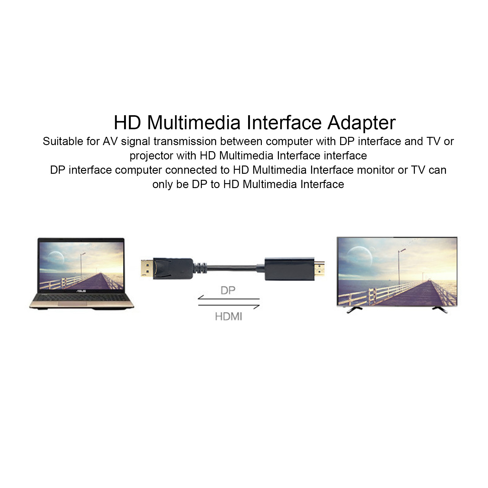 Diagramm, das einen Laptop zeigt, der über ein DisplayPort-zu-HDMI-Kabel an einen Monitor oder Fernseher angeschlossen ist.