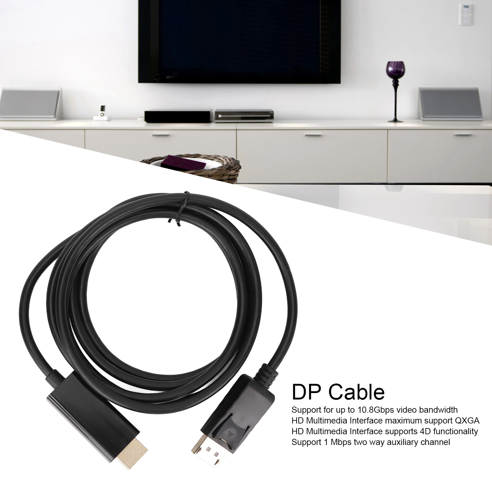 Schwarzes DP-Kabel mit Anschlüssen, auf hellem Hintergrund, mit Text.