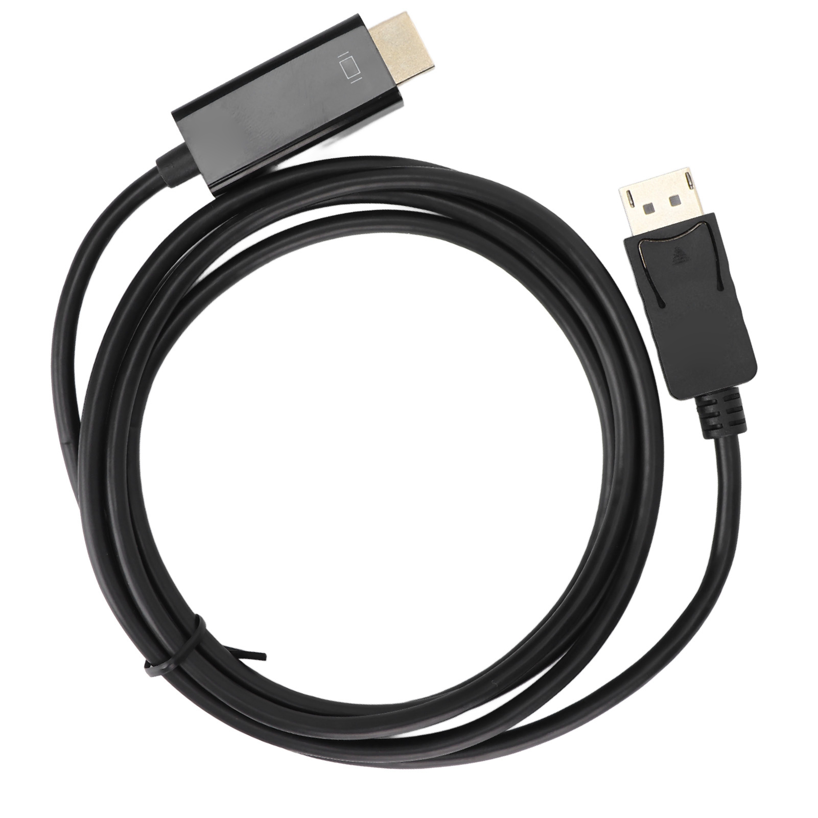Schwarzes DisplayPort-zu-HDMI-Kabel. Das Kabel ist auf einer weißen Oberfläche aufgerollt.