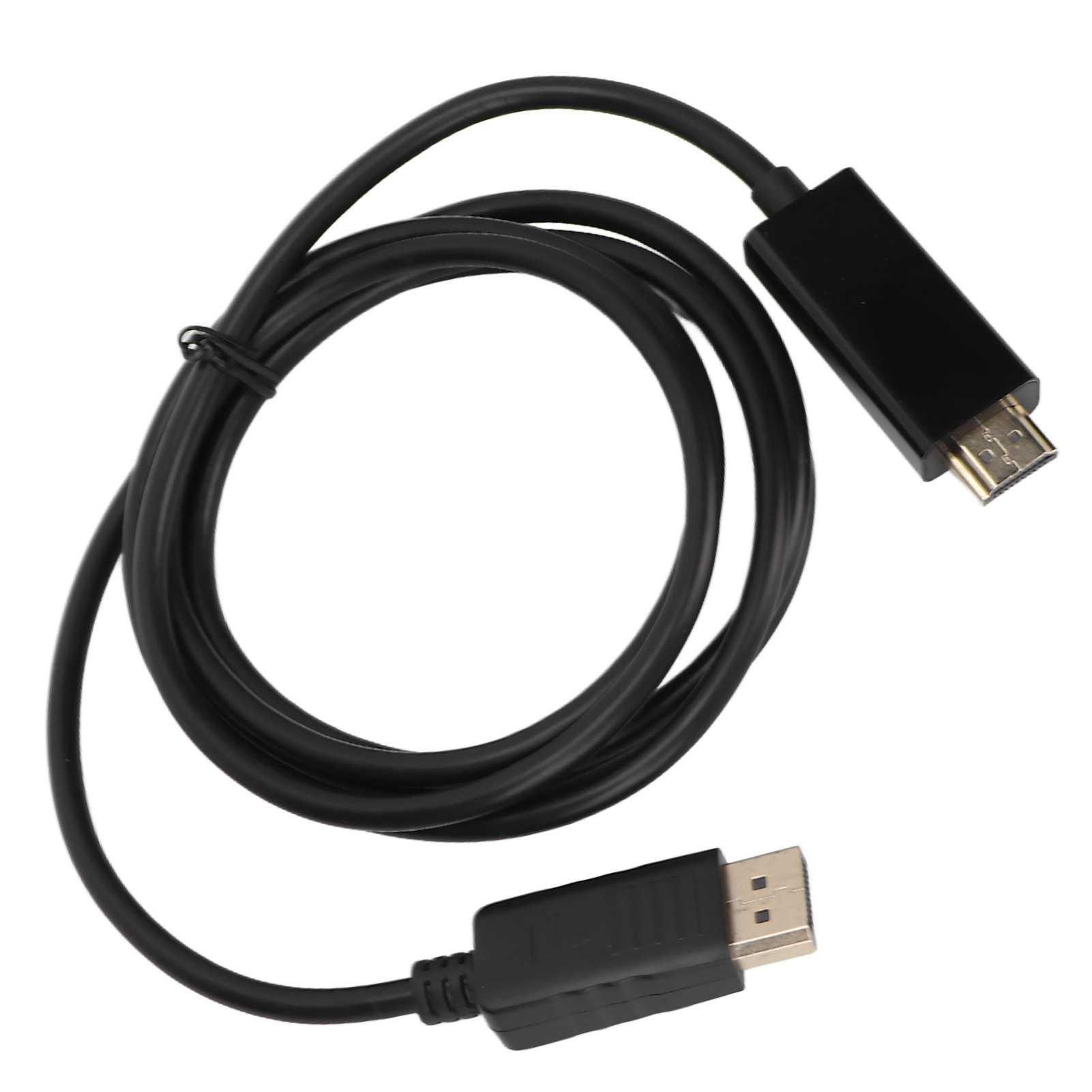 Schwarzes DisplayPort-zu-HDMI-Kabel, auf einer weißen Oberfläche aufgerollt. Zwei schwarze Stecker.