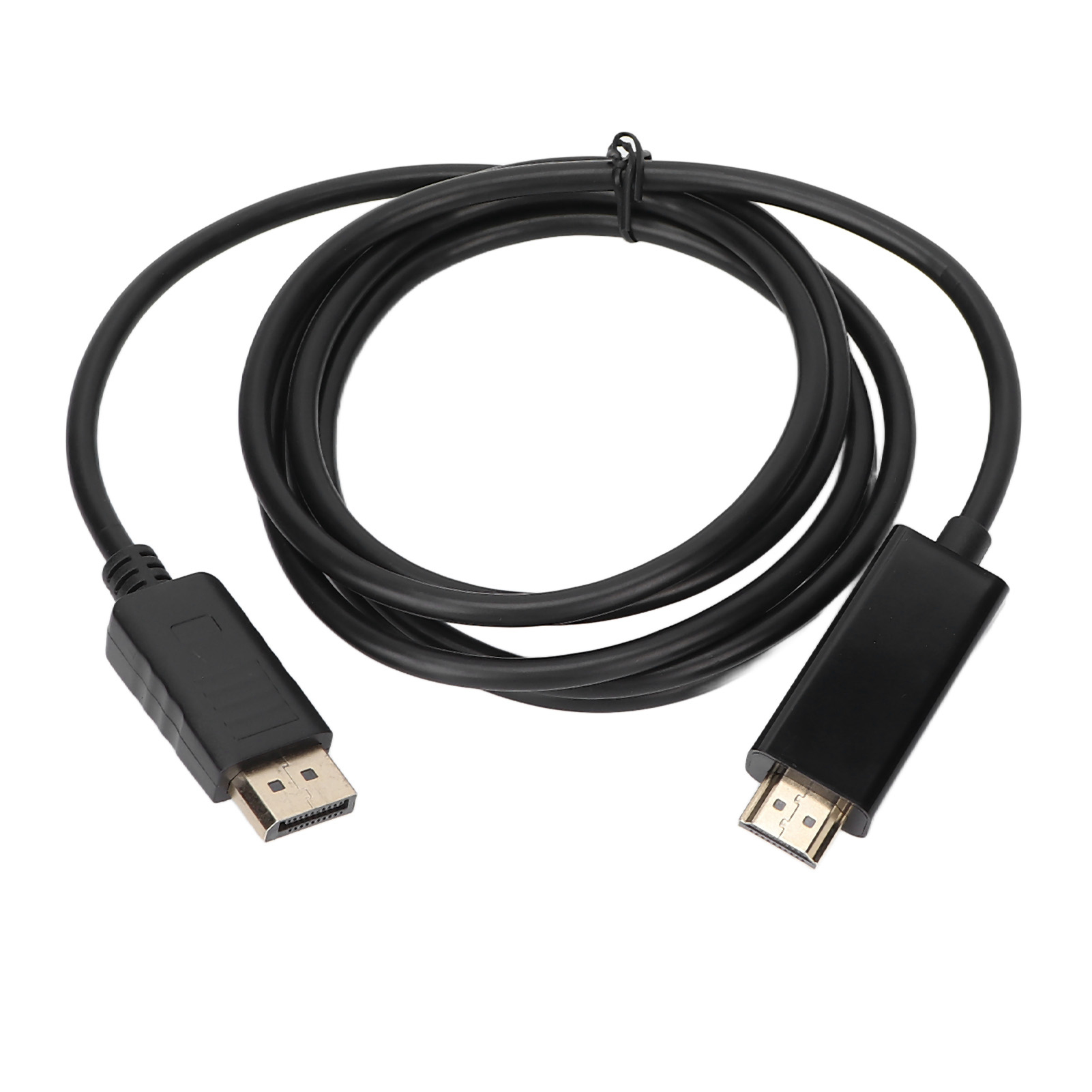 Schwarzes DisplayPort-zu-HDMI-Kabel mit Steckern an jedem Ende. Kabel ist aufgerollt.