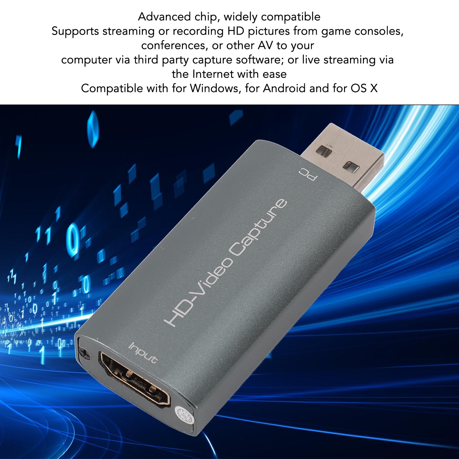 Graues HD-Video-Aufnahmegerät mit HDMI-Eingang und USB-Anschluss, blauer Hintergrund.