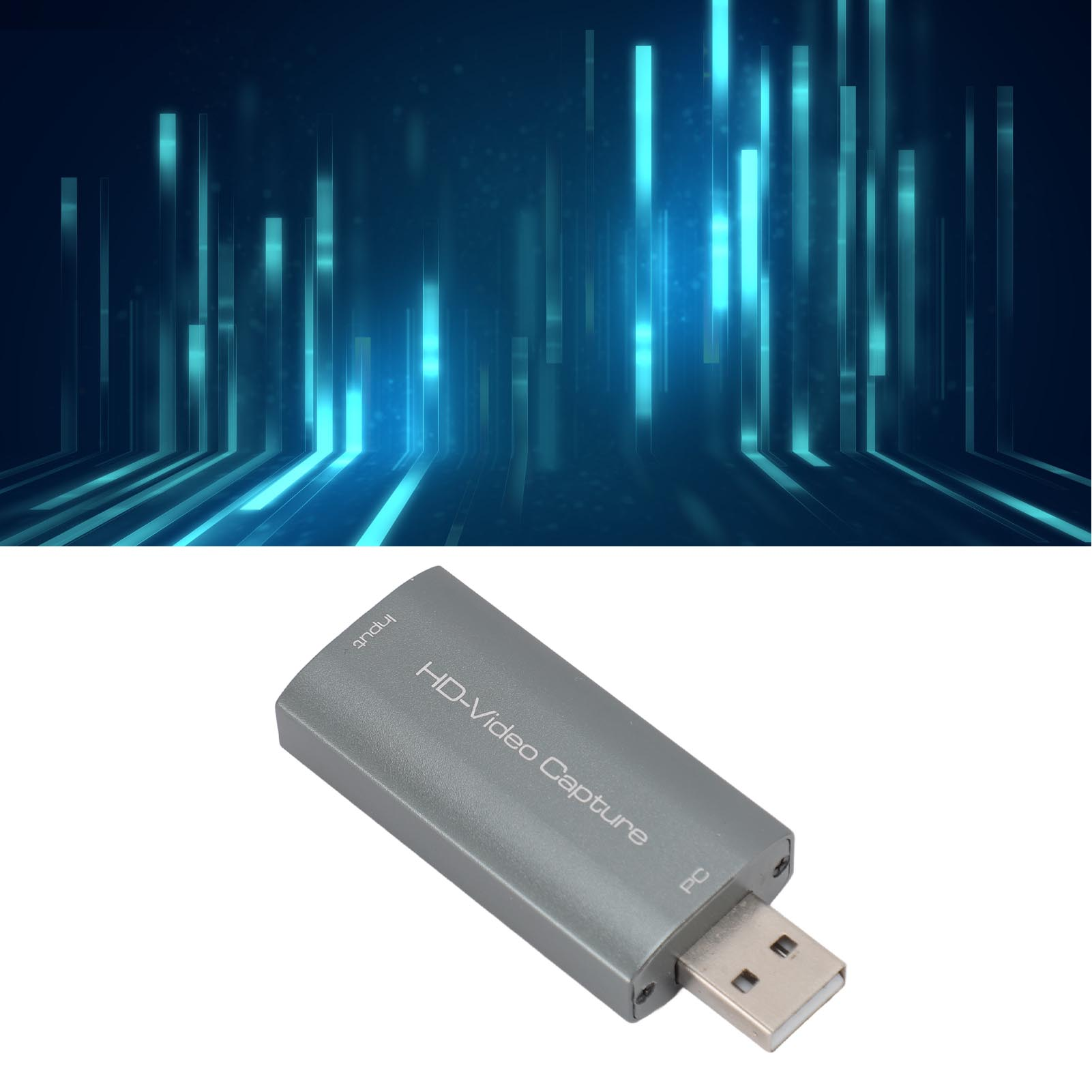 HD-Video-Aufnahmegerät, grau mit HDMI-Eingang und USB-Ausgang. Hintergrund hellblau.