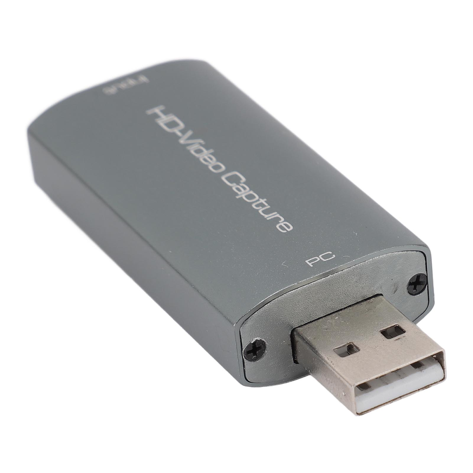 Ein kleines, graues HD-Video Capture Gerät mit USB-Anschluss auf Weiß.