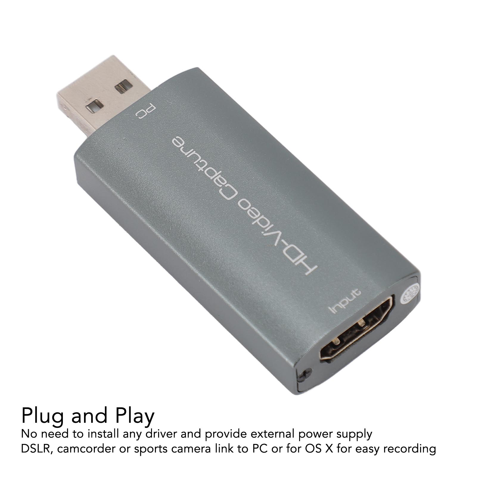 Graues HD-Video-Aufnahmegerät mit HDMI-Eingang und USB-Ausgang, auf weißem Grund.