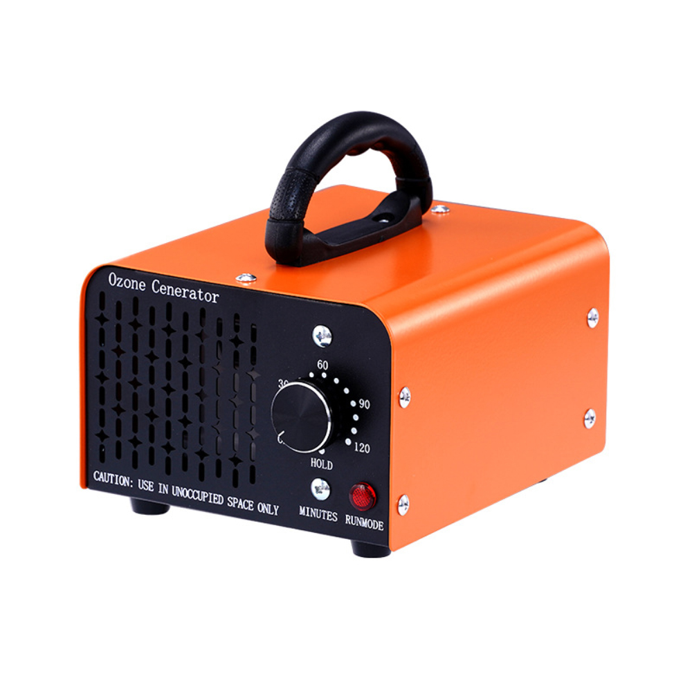 Oranger Ozongenerator mit Griff, Drehknopf und Vorsichtstext.