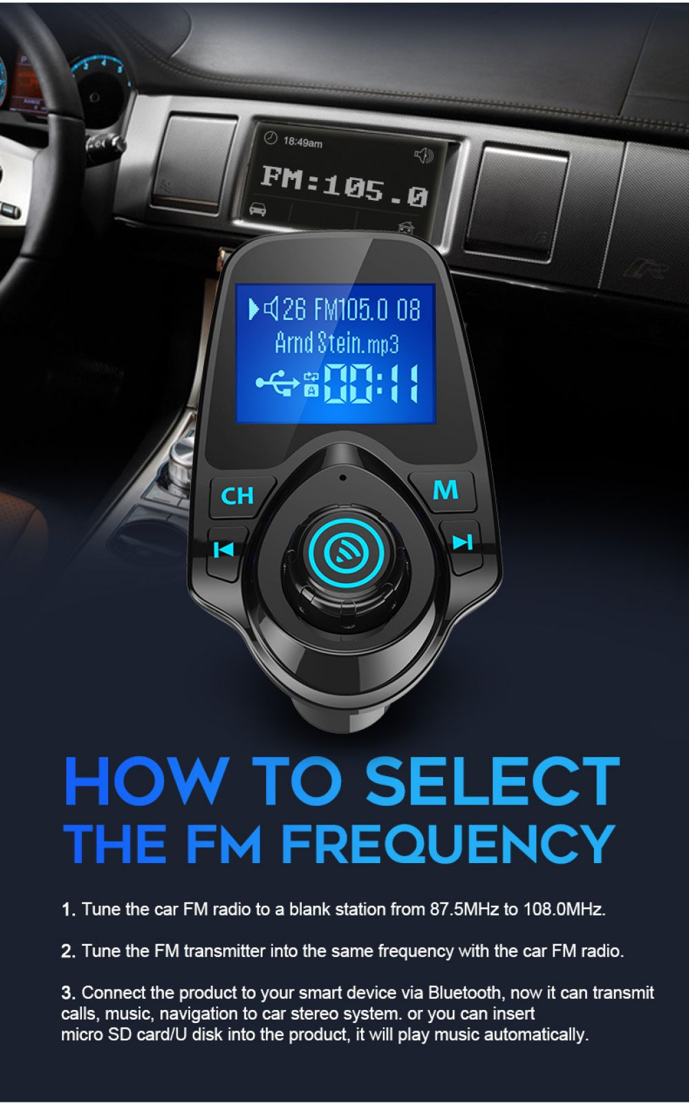 Nahaufnahme eines Auto-FM-Senders mit Bildschirm, der Radioinformationen anzeigt.