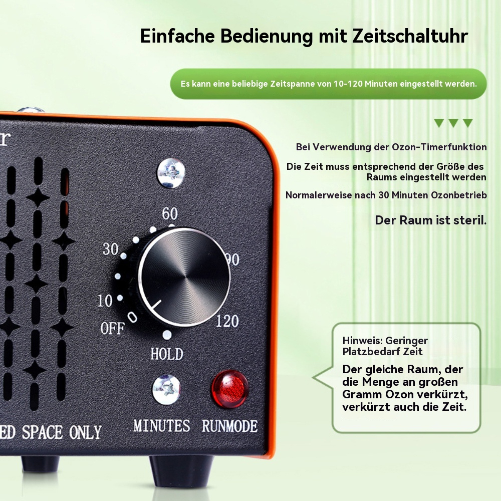 Nahaufnahme eines orangen Ozongenerators mit Anweisungen und einem Zeitwahlrad.