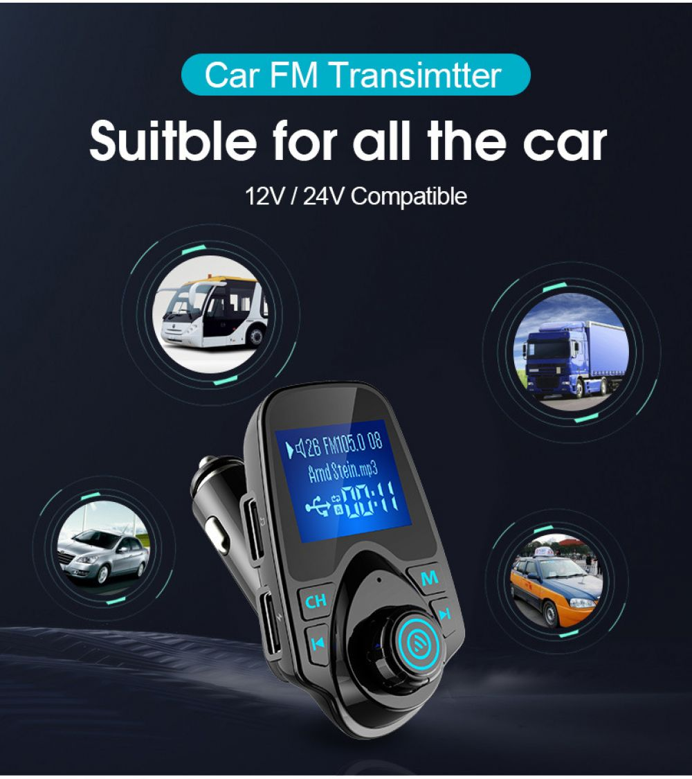 Auto-FM-Transmitter, schwarz, mit Bildschirm, der Informationen zeigt. Grafiken von Autotypen drumherum.