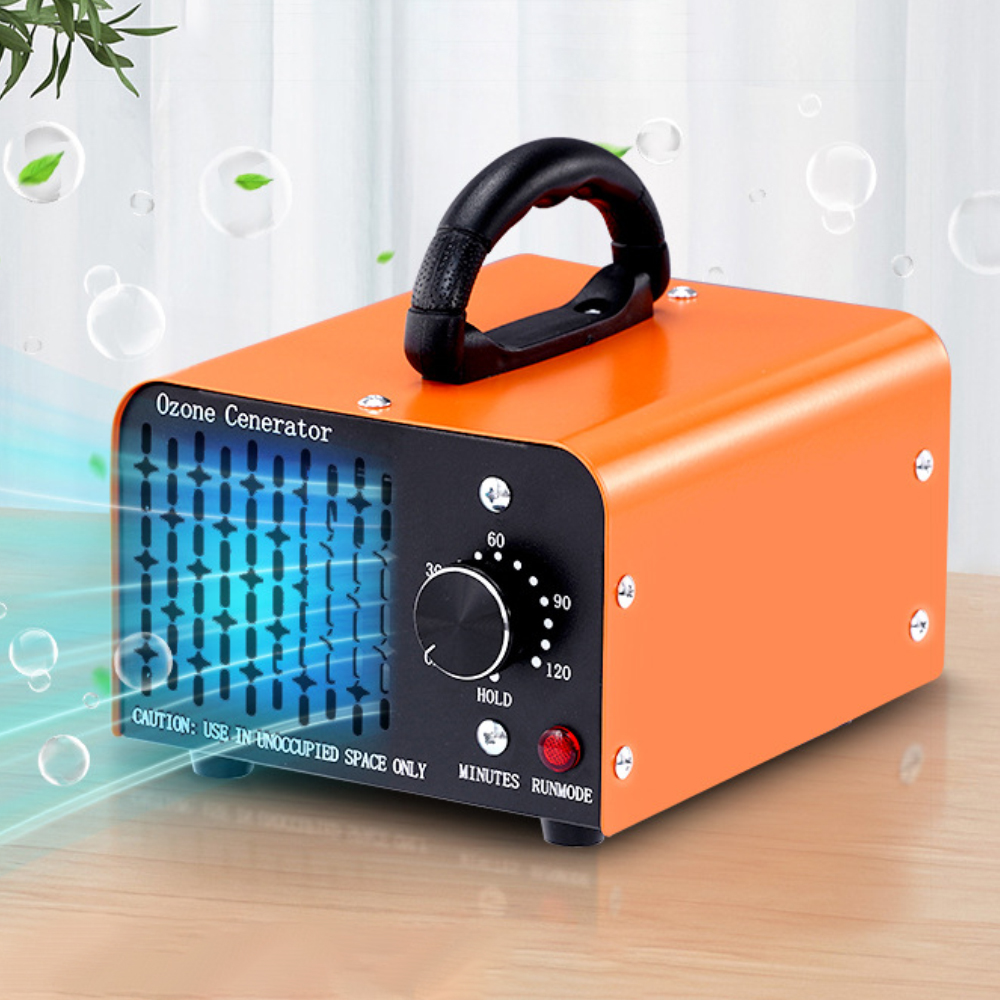 Oranger Ozongenerator mit Blasen, Griff und Drehknopf. Blauer Luftstrom.