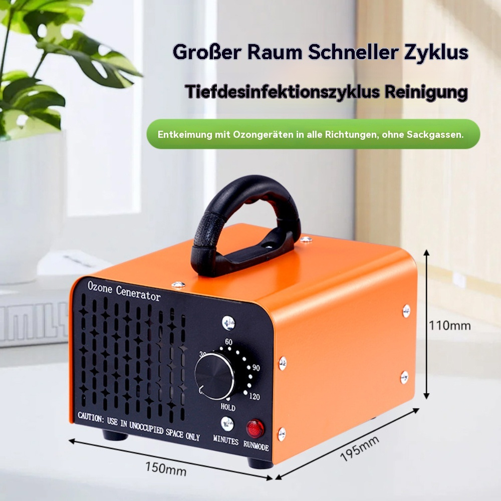 Orangener Ozongenerator mit Griff, Abmessungen und Bedienfeld.