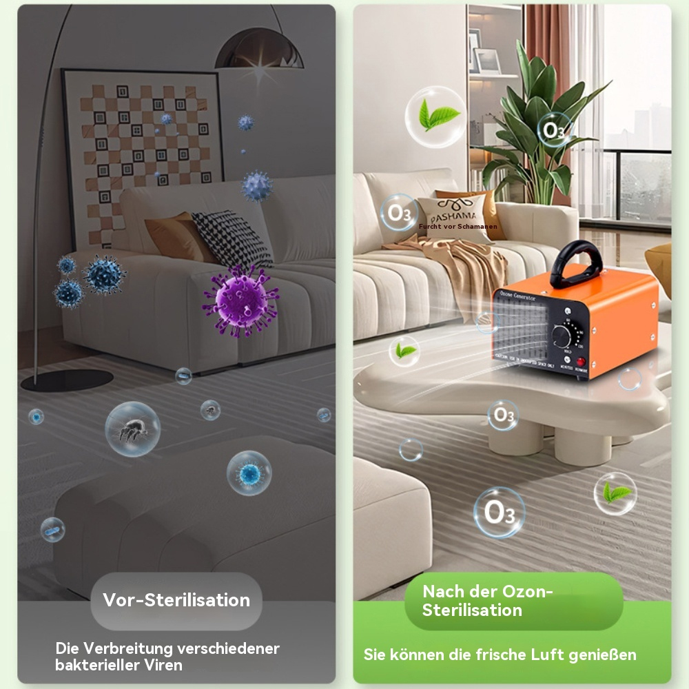 Ozongenerator im Raum, zeigt Vor- und Nachsterilisation.
