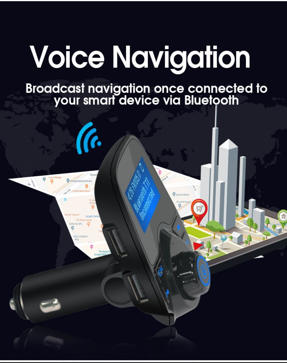 Autoladegerät mit Karte, Navigation und Bluetooth-Verbindung.