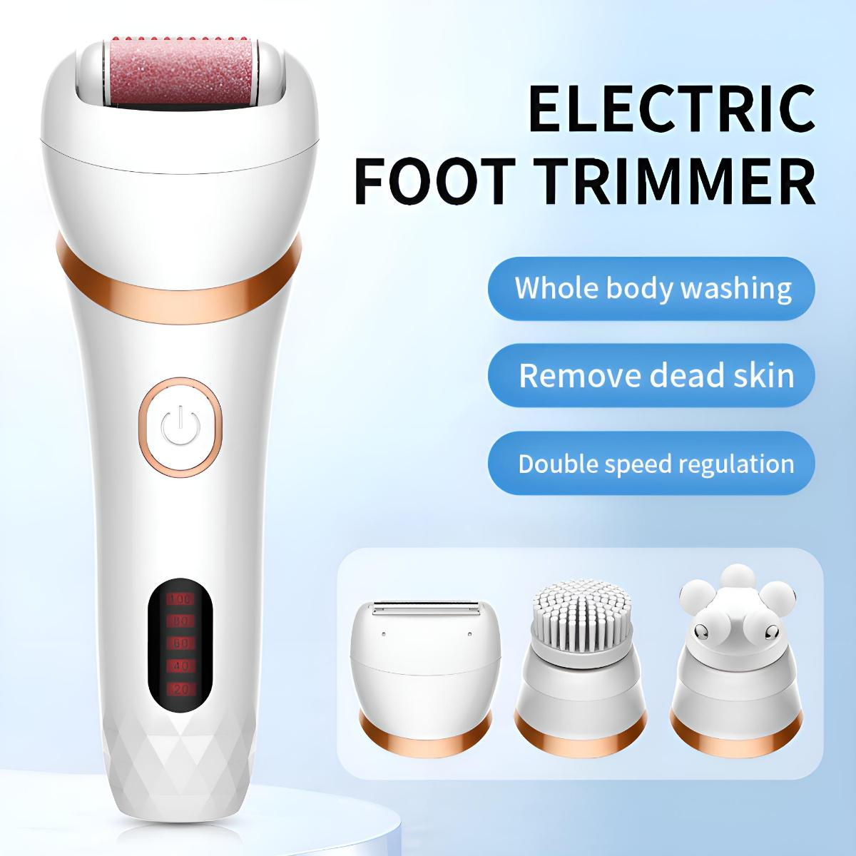 Weißer elektrischer Fußtrimmer mit drei austauschbaren Köpfen.