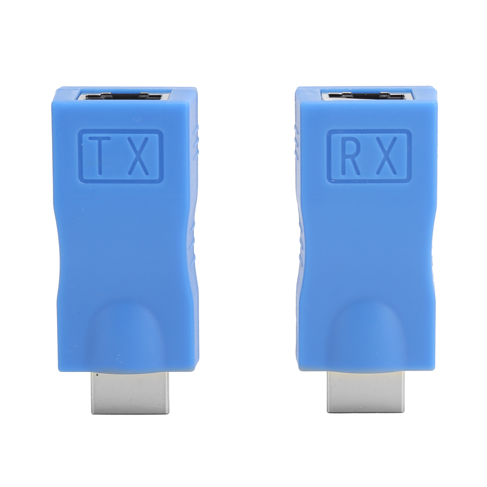 Zwei blaue USB-Adapter, beschriftet mit TX und RX, werden auf weißem Hintergrund angezeigt.
