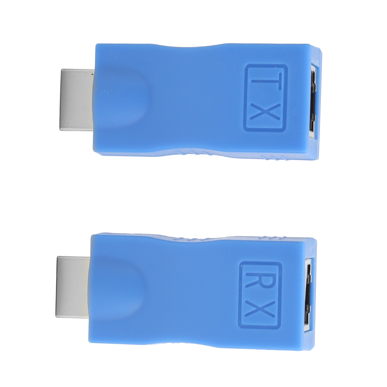 Zwei blaue HDMI-Adapter. Text: RX und TX. Weißer Hintergrund.