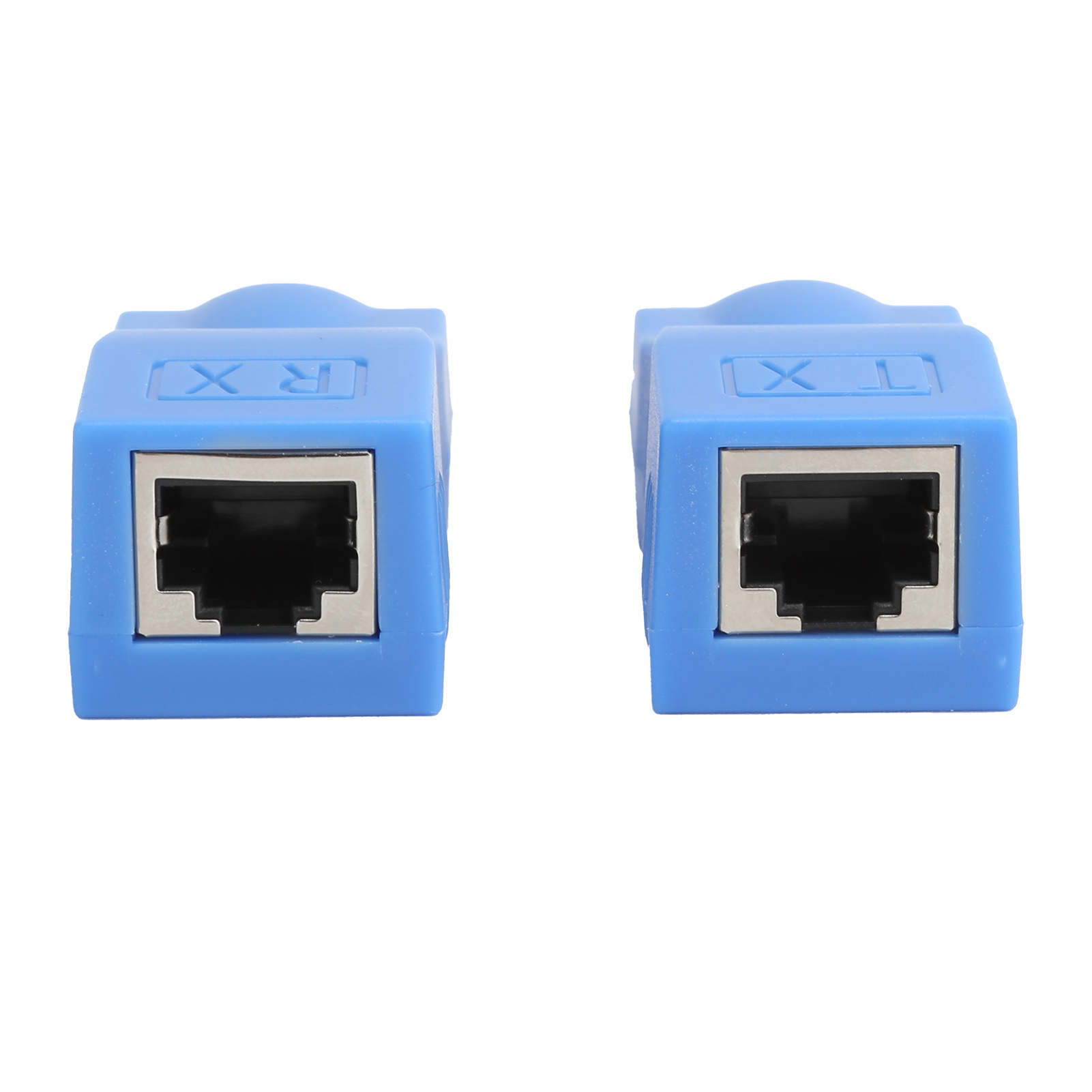 Zwei blaue RJ45-Kupplungen. Text: RX und TX. Weißer Hintergrund.