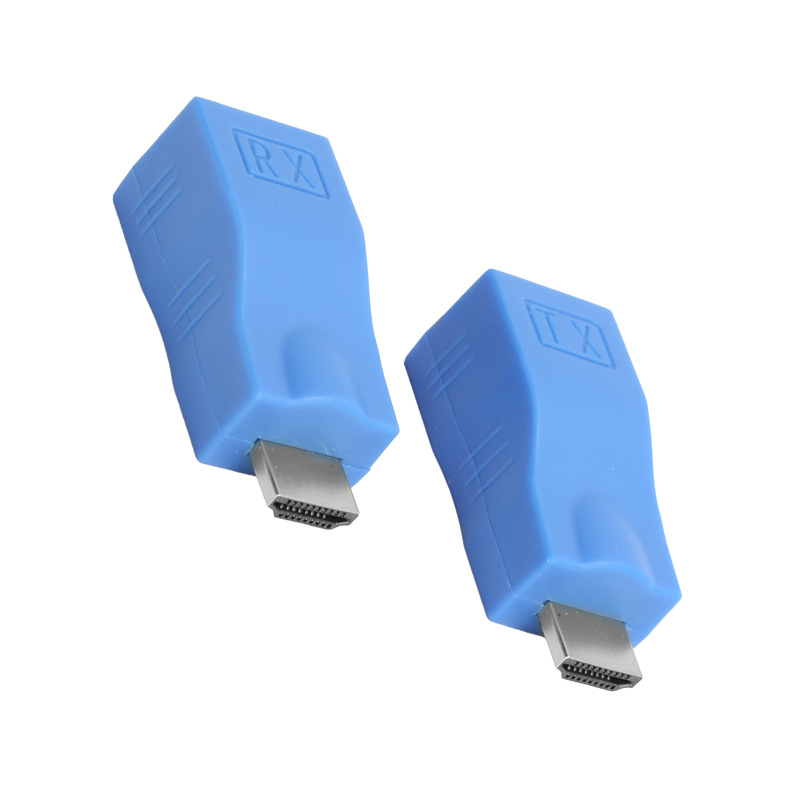 Zwei blaue HDMI-Adapter. Weißer Hintergrund.