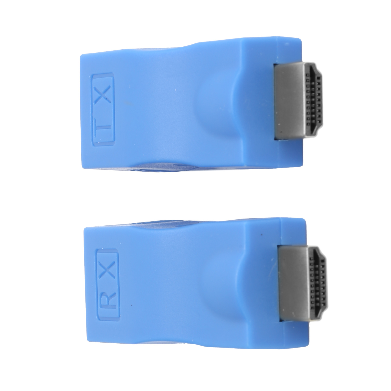 Zwei blaue HDMI-Adapter. Weißer Hintergrund.