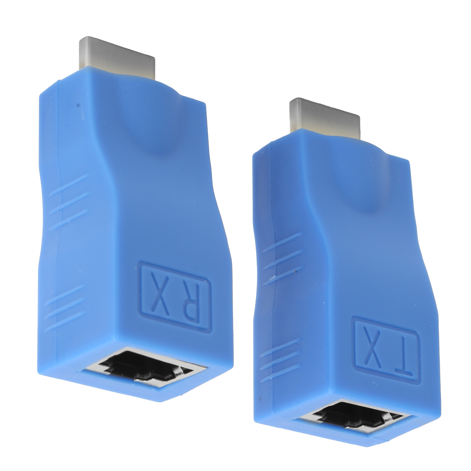 Zwei blaue HDMI-zu-Ethernet-Adapter auf weißem Hintergrund, Seitenansicht.