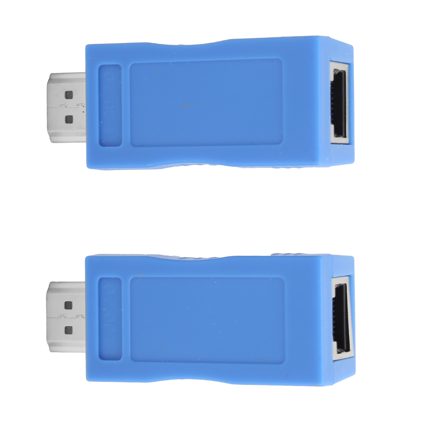 Zwei blaue HDMI-zu-Ethernet-Adapter auf weißem Hintergrund, von oben und unten.