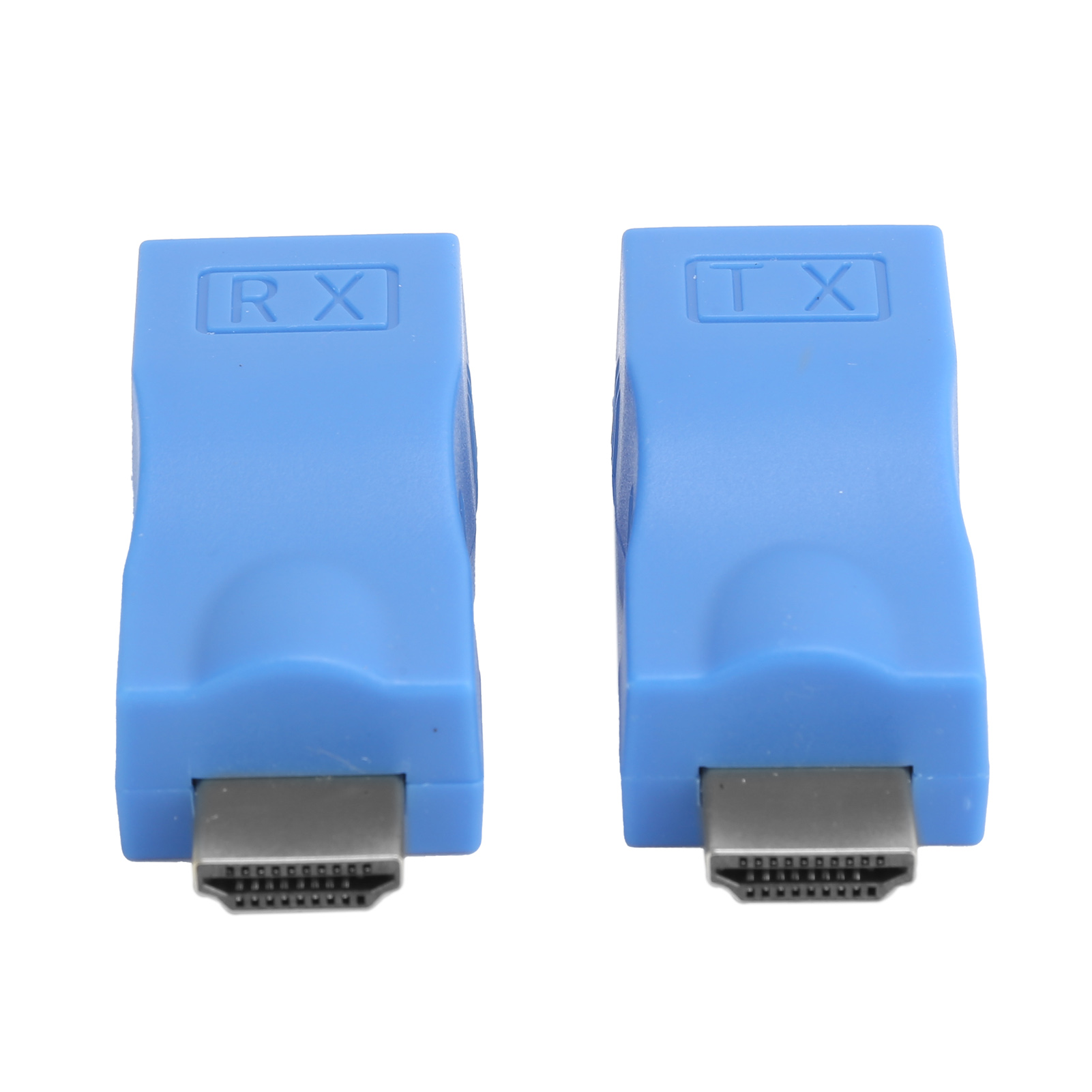 Zwei blaue HDMI-Anschlüsse mit den Aufschriften 'RX' und 'TX' auf weißem Hintergrund.