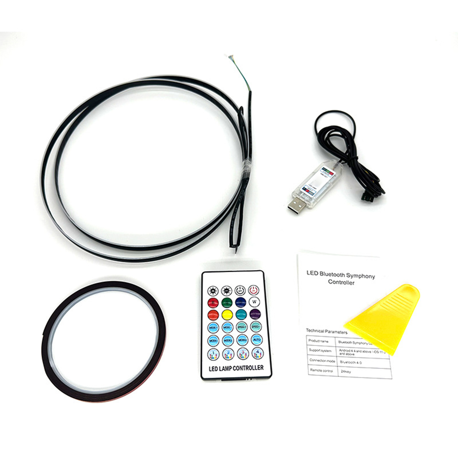 LED Symphony Controller-Kit, mit Fernbedienung, LED-Streifen, USB-Kabel und Dokumentation.
