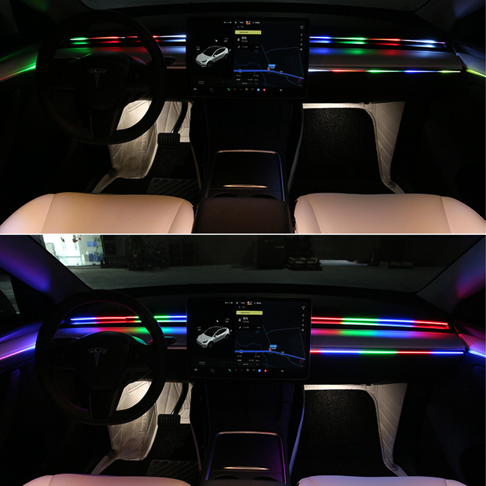 Der Innenraum eines Autos verfügt über Ambientebeleuchtung. Armaturenbrett und Türverkleidungen sind mit verschiedenen Farben beleuchtet.