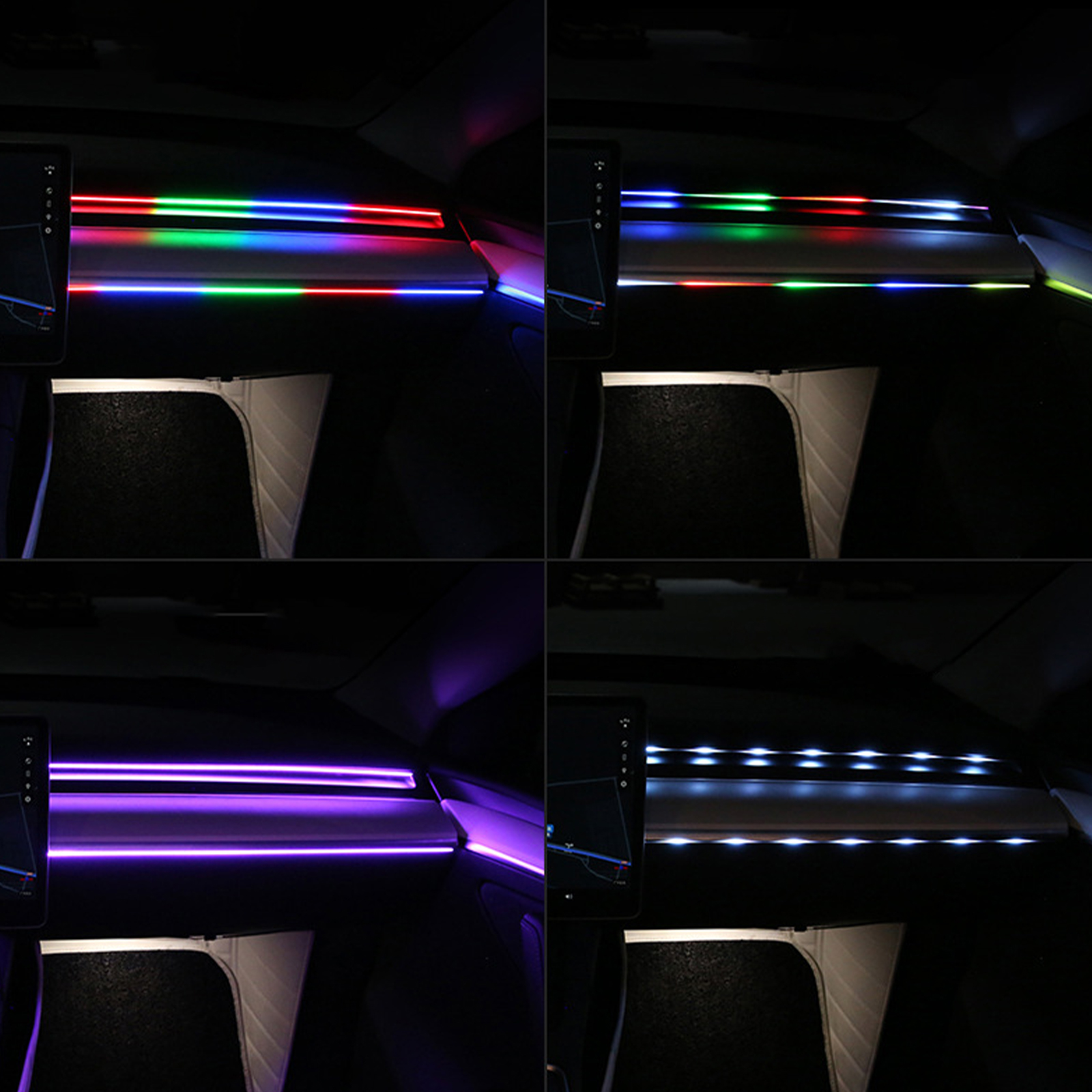 Vier Bilder der Innenraumbeleuchtung eines Autos. Verschiedene Farben von Lichtleisten werden gezeigt.