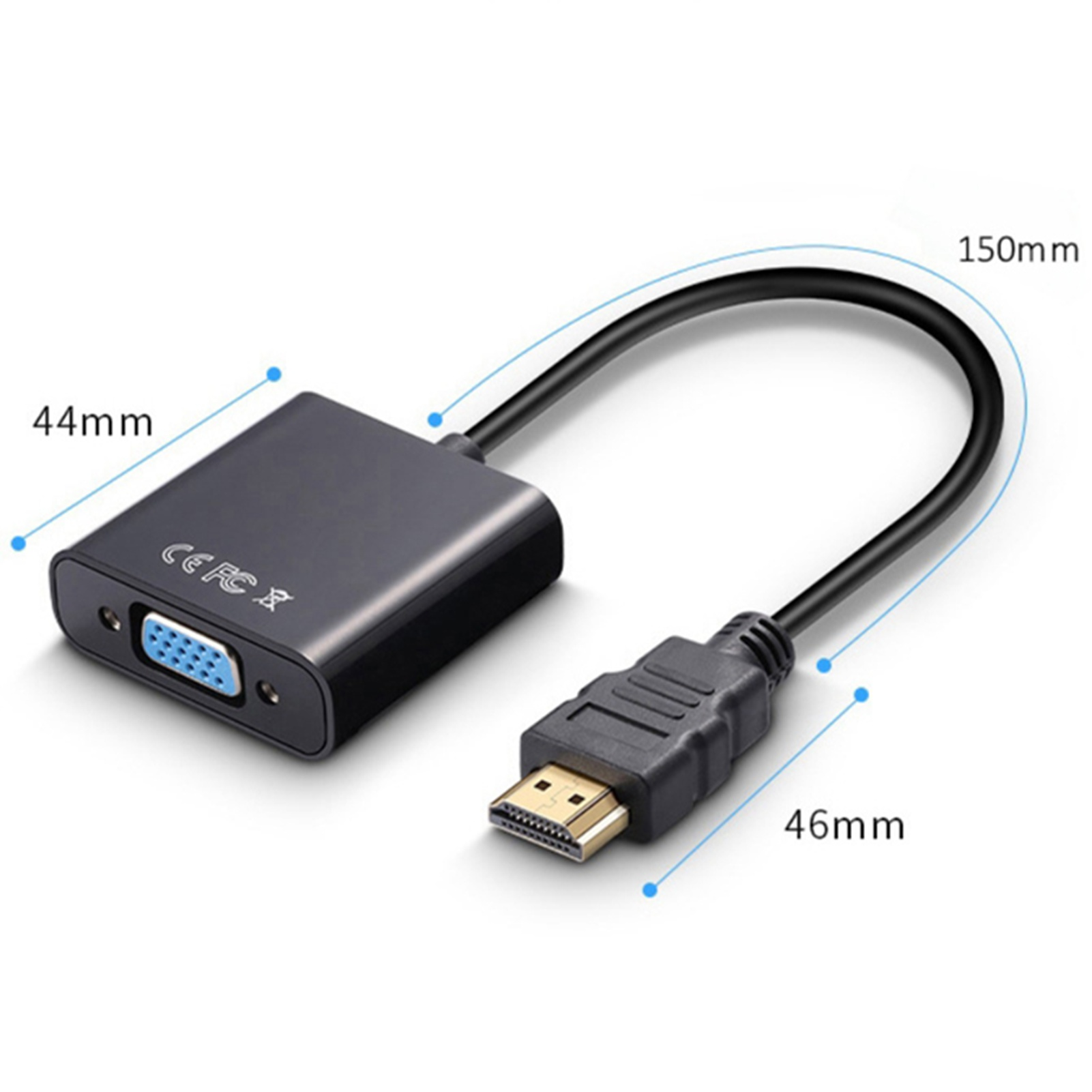 Schwarzer HDMI-zu-VGA-Adapter mit kurzem Kabel und Maßen.