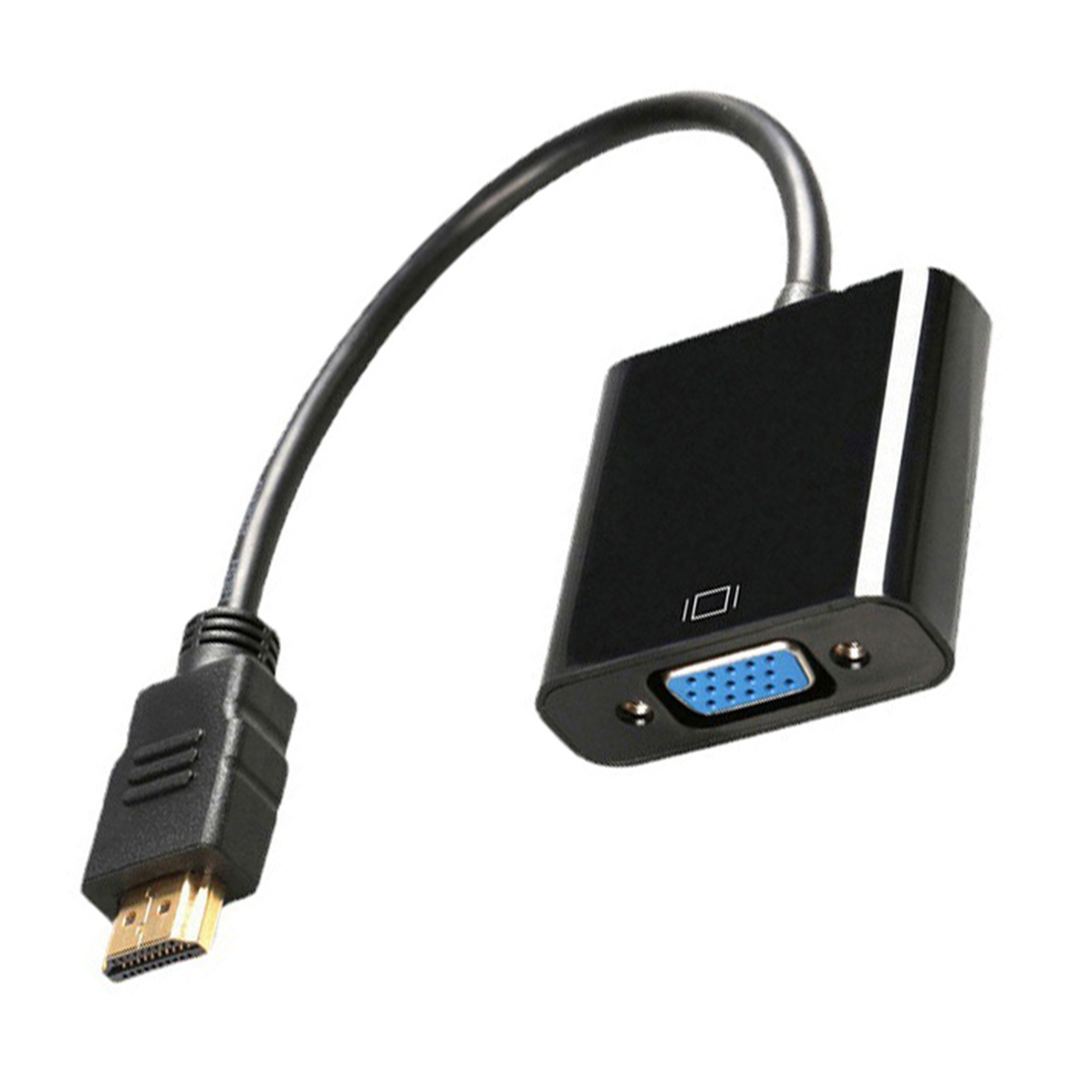 Schwarzer HDMI-zu-VGA-Adapter mit schwarzem Kabel vor weißem Hintergrund.