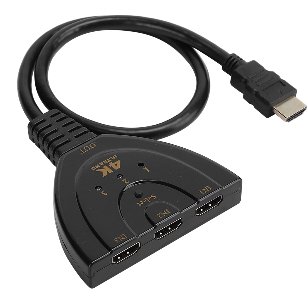 Schwarzer HDMI-Switch mit drei Eingangs- und einem Ausgangsanschluss. 'Select'-Taste und 4K Ultra HD-Etikett.