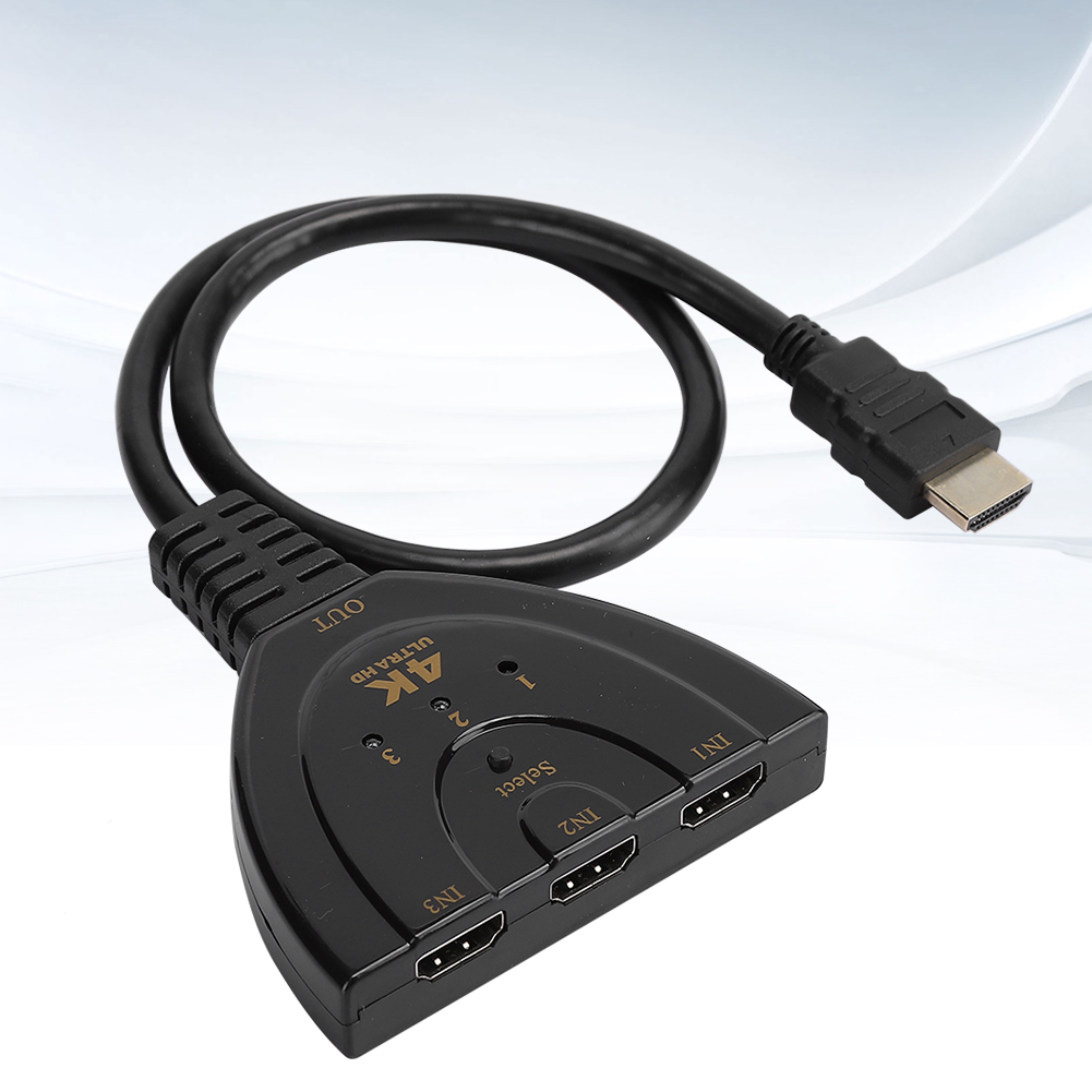 Schwarzer HDMI-Schalter mit drei Eingängen, einem Ausgang und einer Auswahltaste.