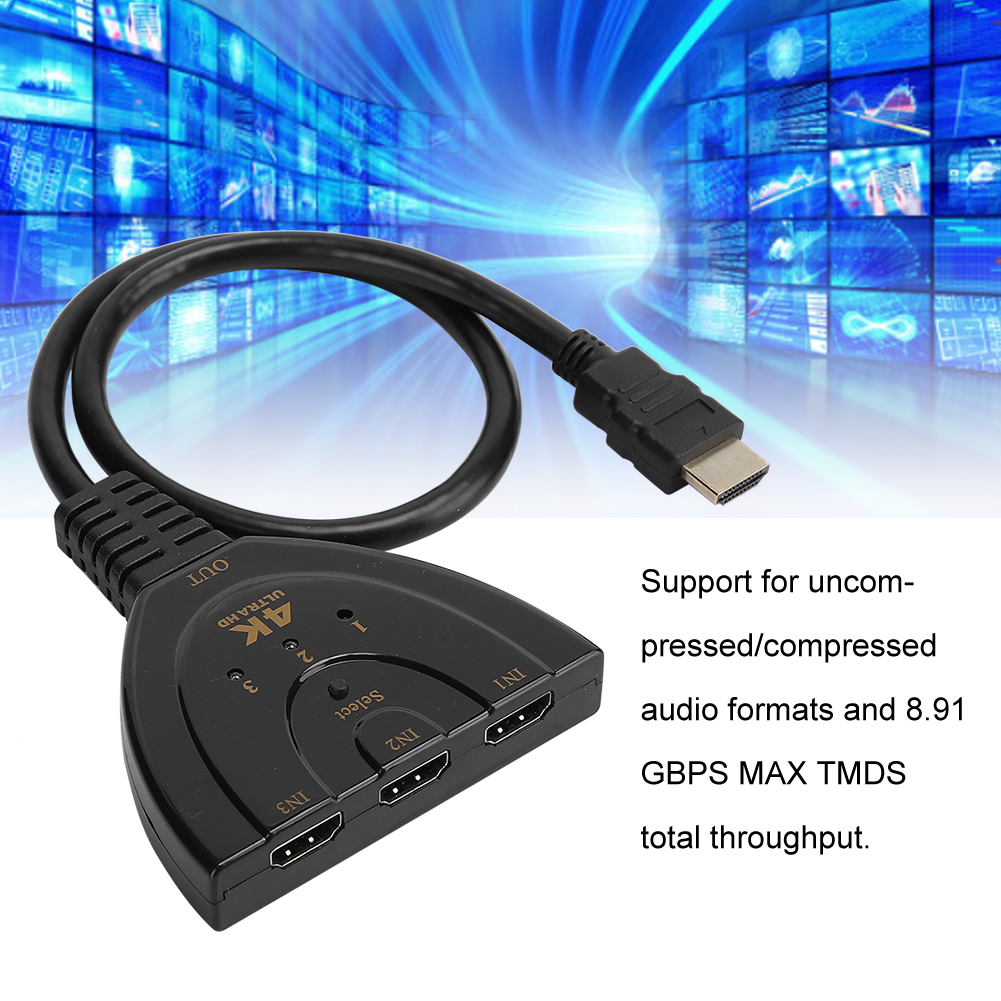 Schwarzer HDMI-Switch mit 3 Eingängen, 1 Ausgang, 'Select'-Taste. Hintergrund mit mehreren Bildschirmen.