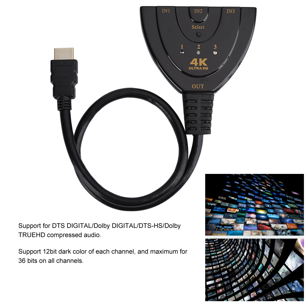 Schwarzer HDMI-Schalter mit drei Eingängen, einem Ausgang und einer Auswahltaste.