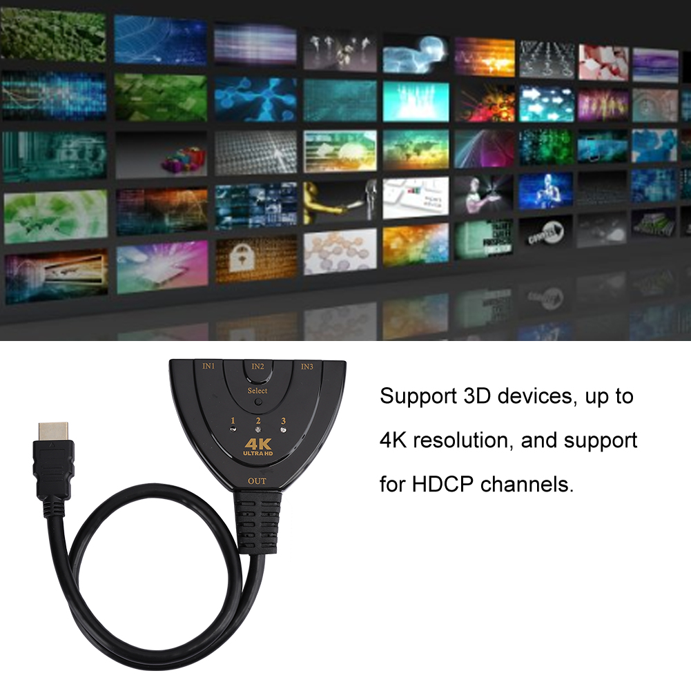 Schwarzer HDMI-Switch mit mehreren Bildschirmen im Hintergrund. Unterstützt 3D-Geräte, bis zu 4K Auflösung und HDCP-Kanäle.