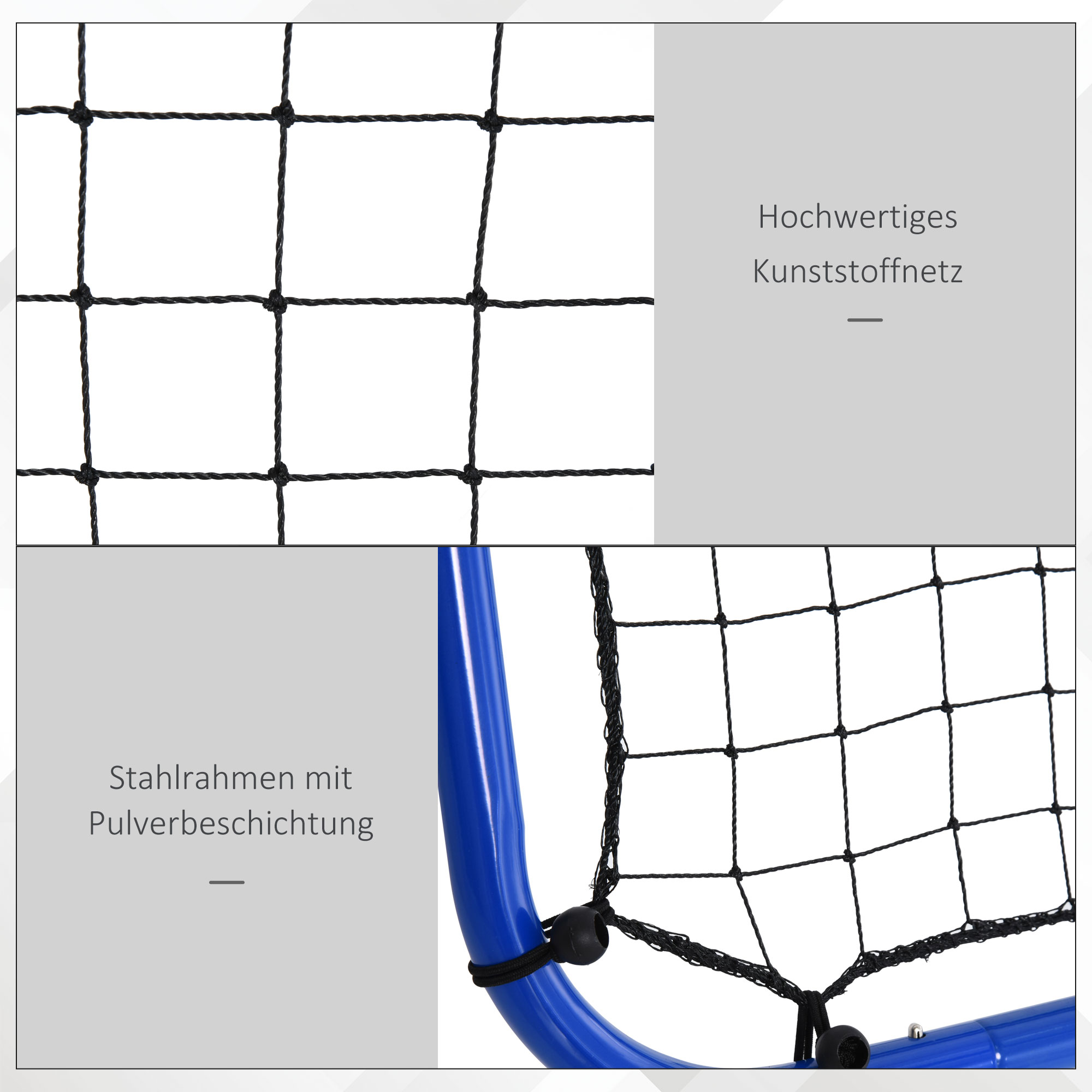 Nahaufnahme eines schwarzen Fußballnetzes, blauer Rahmen und weißer Text auf grauem Hintergrund.